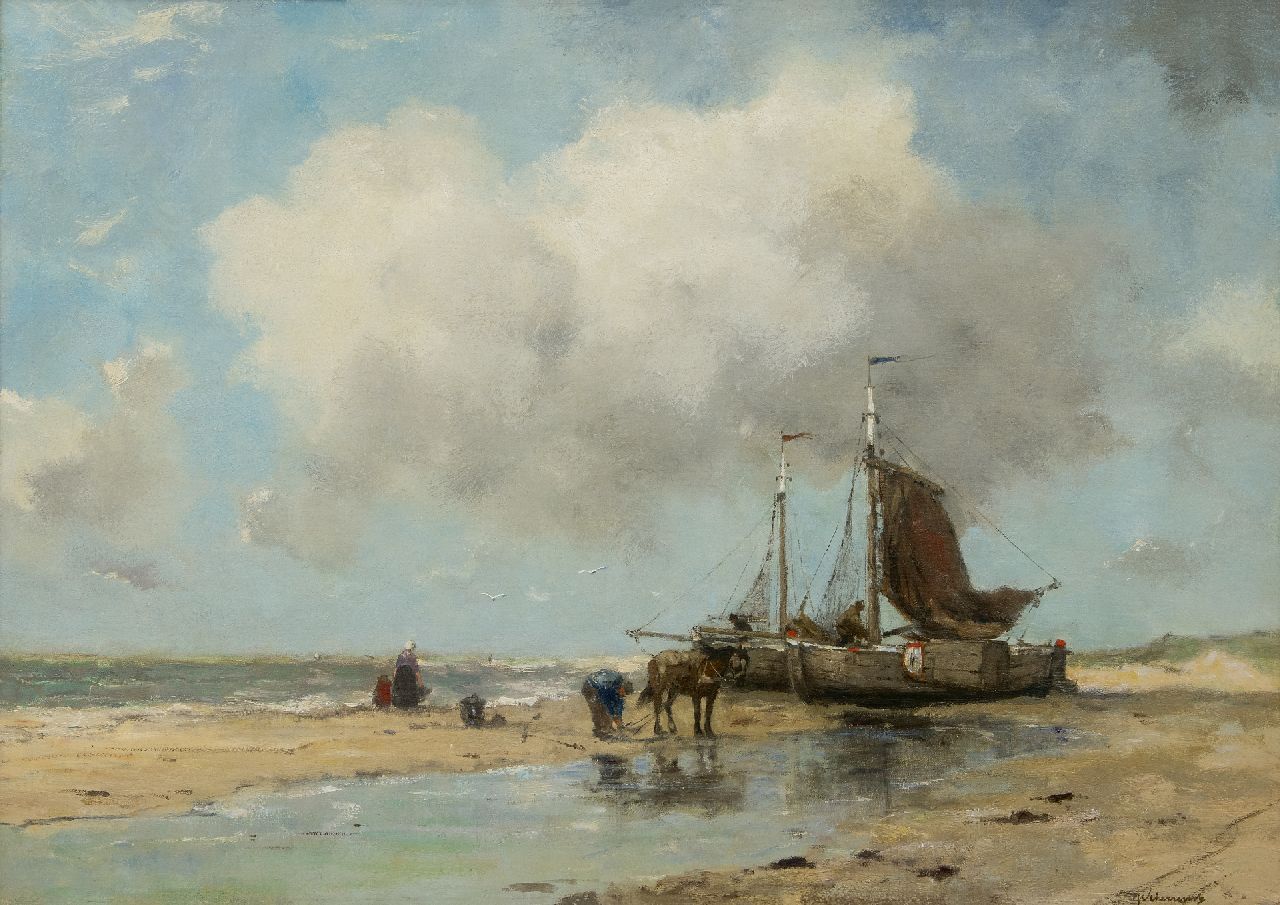 Scherrewitz J.F.C.  | Johan Frederik Cornelis Scherrewitz | Paintings offered for sale | Fishing vessels on the beach, oil on canvas 59.8 x 84.2 cm, signed l.r.