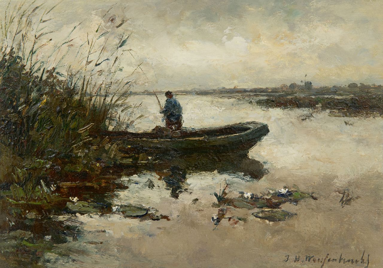 Weissenbruch H.J.  | Hendrik Johannes 'J.H.' Weissenbruch, Fishing in the polder, oil on panel 20.2 x 28.3 cm, signed l.r. and painted circa 1890-1895.