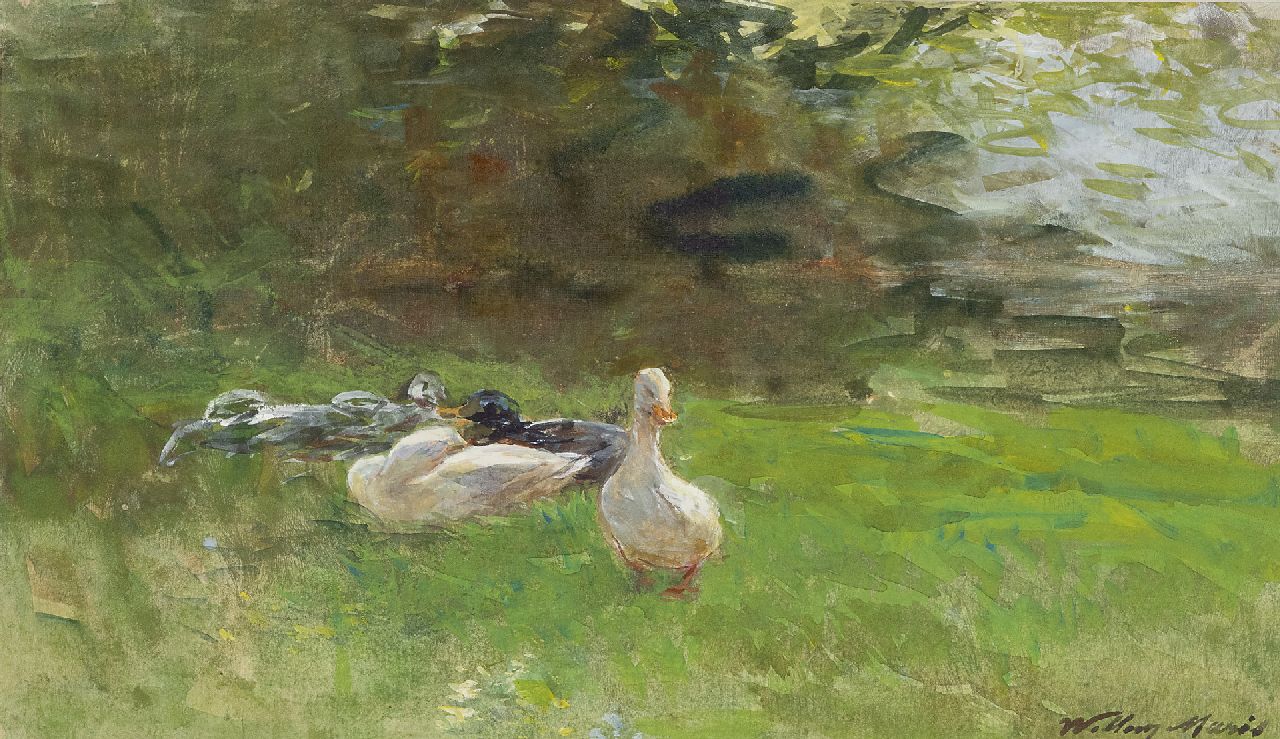 Maris W.  | Willem Maris | Watercolours and drawings offered for sale | Ducks in the grass, watercolour on paper 16.4 x 28.4 cm, signed l.r. and painted ca. 1880-1890