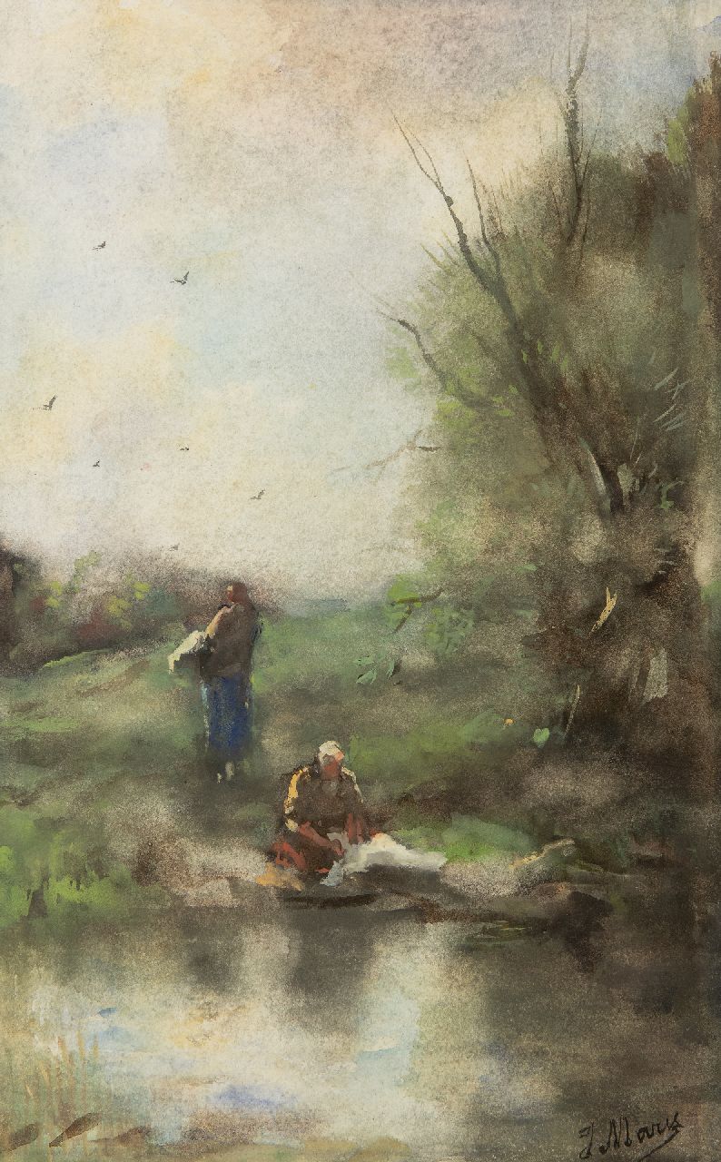 Maris J.H.  | Jacobus Hendricus 'Jacob' Maris | Watercolours and drawings offered for sale | Washerwomen by the river, watercolour on paper 38.8 x 24.5 cm, signed l.r. and painted ca. 1888-1889