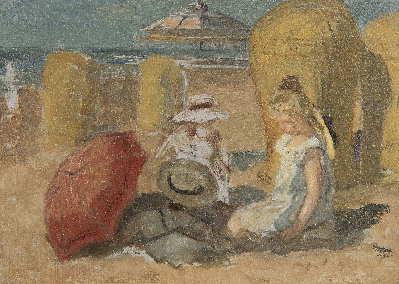 Jonge J.A. de | Johan Antoni de Jonge | Paintings offered for sale | Children on the beach of Scheveningen, oil on painter's board 16.0 x 22.0 cm