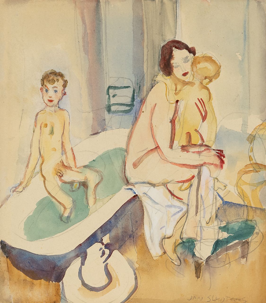 Sluijters J.C.B.  | Johannes Carolus Bernardus 'Jan' Sluijters | Watercolours and drawings offered for sale | The bathroom (the artist's wife with Liesje and Jan jr.), pencil and watercolour on paper 21.7 x 19.4 cm, signed l.r. and painted ca. 1949
