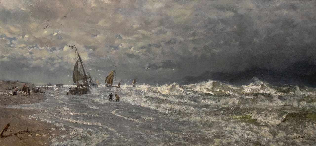 Johan Hendrik Wijtkamp | Fishing boats in the surf, oil on canvas, 82.0 x 174.0 cm, signed l.r. and dated 1888