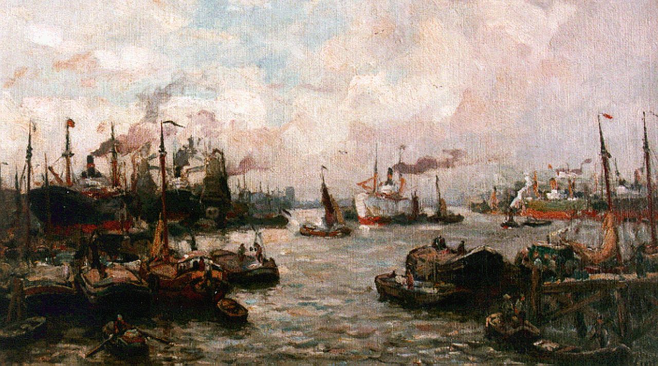 Moll E.  | Evert Moll, Activities in the Rotterdam harbour, oil on canvas 24.3 x 40.8 cm, signed l.r.