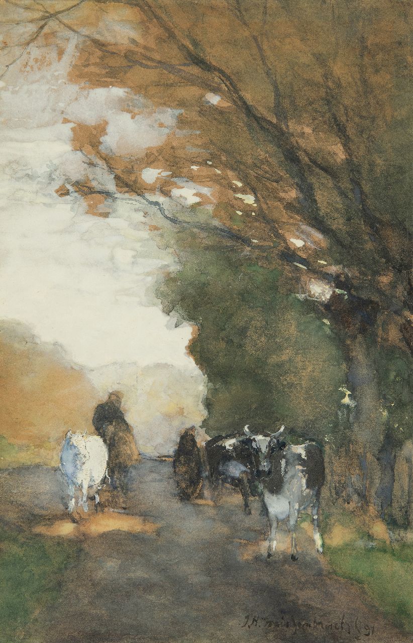 Weissenbruch H.J.  | Hendrik Johannes 'J.H.' Weissenbruch, Cows on a path along the edge of a forest, watercolour on paper 35.3 x 22.8 cm, signed l.r. and dated '91