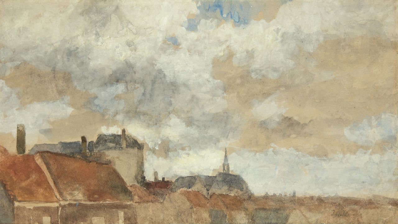 Weissenbruch H.J.  | Hendrik Johannes 'J.H.' Weissenbruch | Watercolours and drawings offered for sale | View over rooftops, watercolour on paper 32.2 x 57.5 cm, signed l.r. with initials