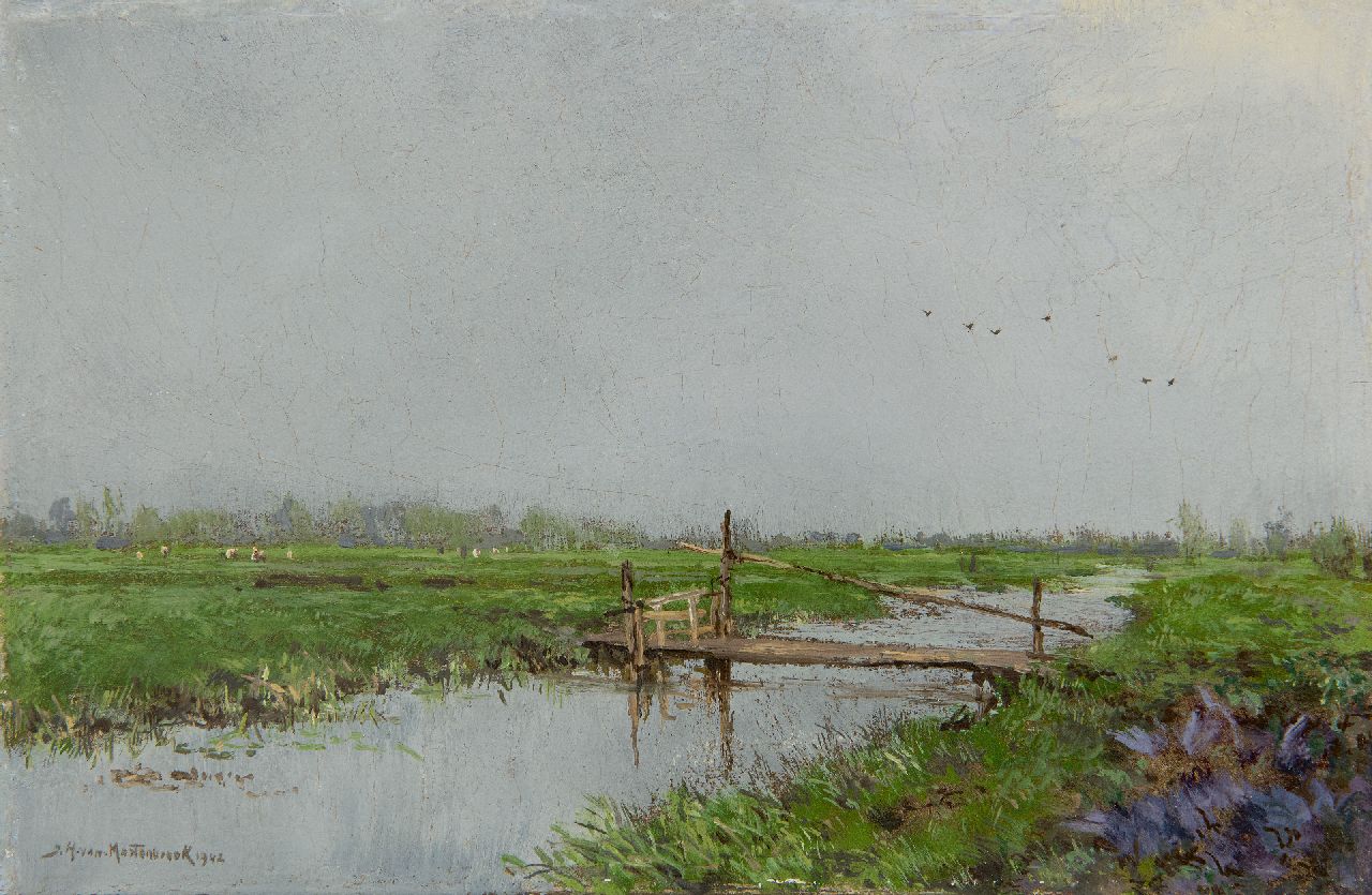 Mastenbroek J.H. van | Johan Hendrik van Mastenbroek, Board across a ditch, oil on panel 16.2 x 24.7 cm, signed l.l. and dated 1942