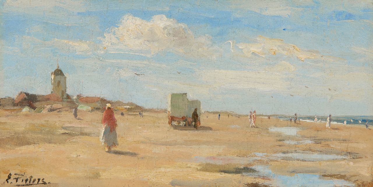 Pieters E.  | Evert Pieters, Sunny day on the beach of Katwijk, oil on panel 13.4 x 26.2 cm, signed l.l.