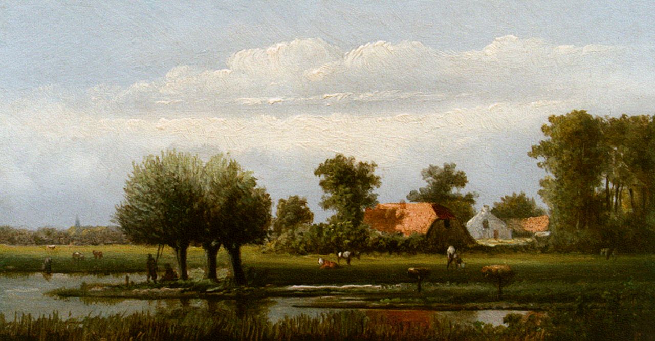 Landler G.  | Landler, Cattle in a summer landscape, oil on panel 11.1 x 21.1 cm, signed on the reverse