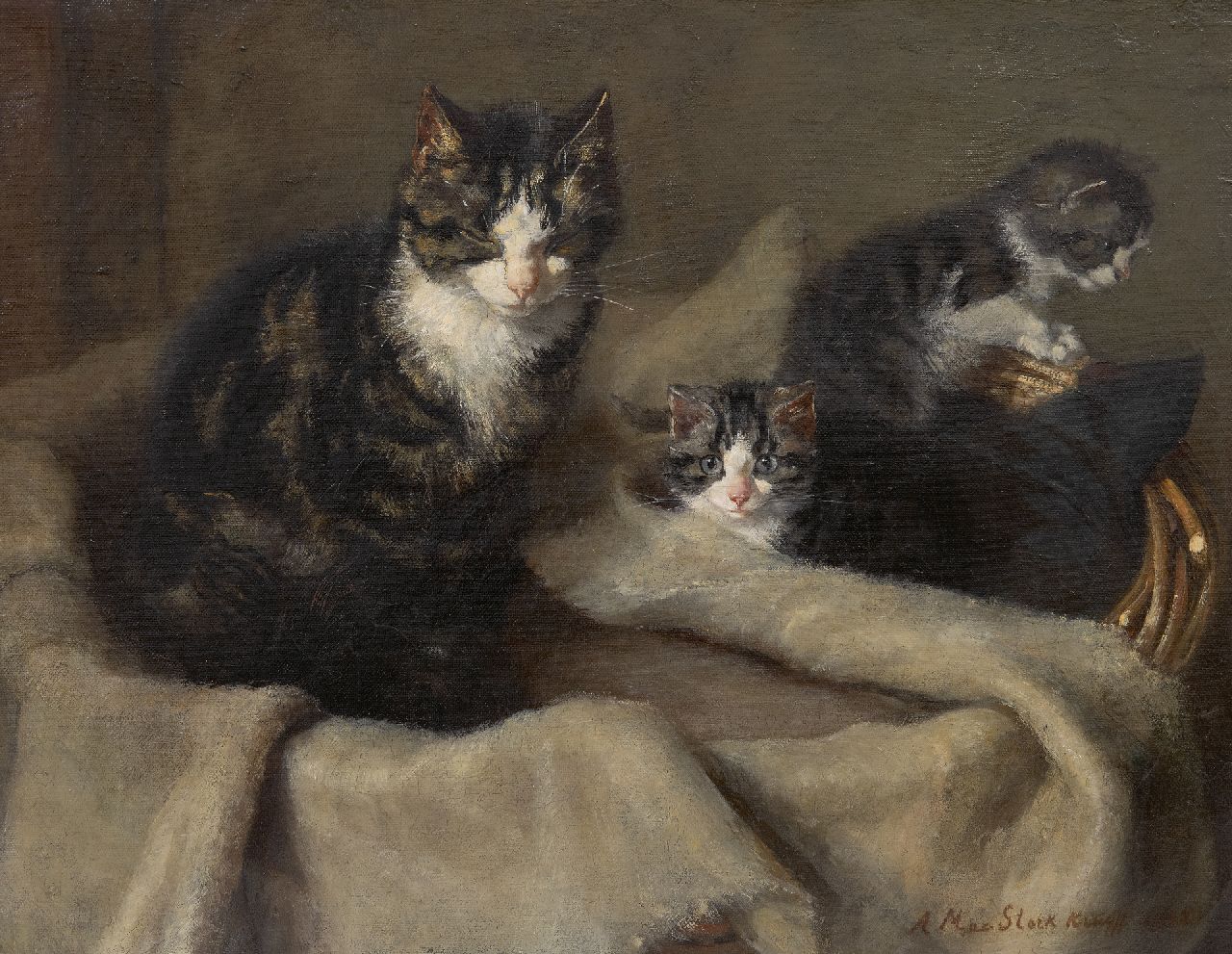 Kruijff A.M.  | Anna Maria Kruijff, Mother cat with two kittens, oil on canvas 35.2 x 45.4 cm, signed l.r. and dated 1908