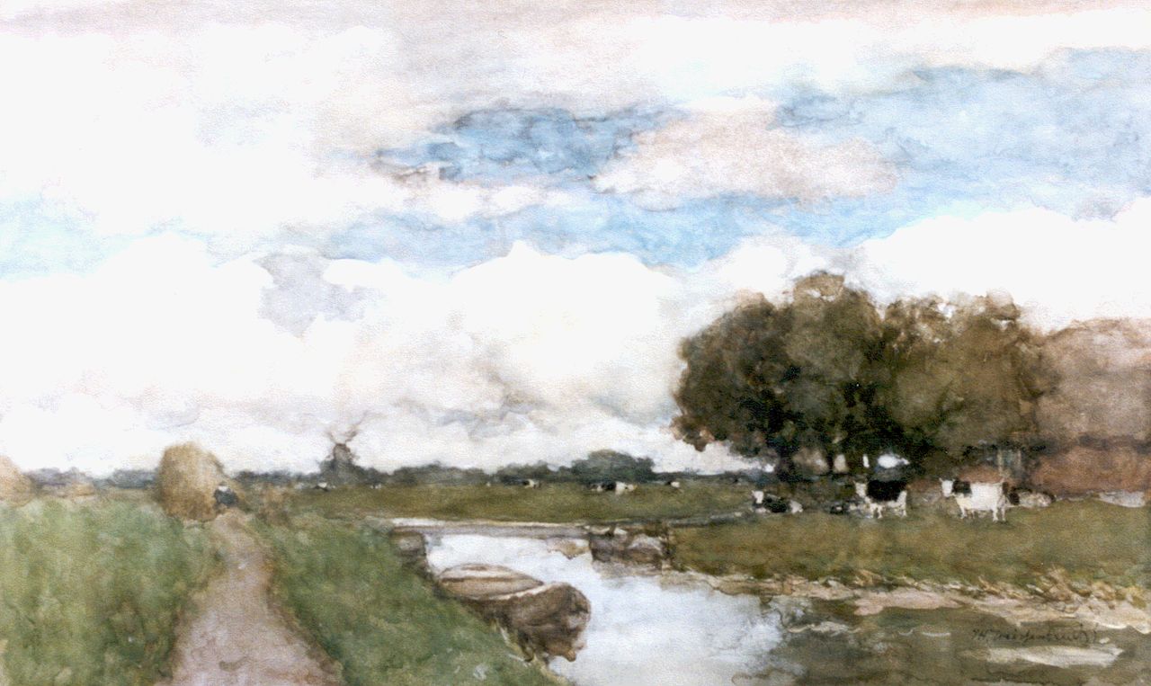 Weissenbruch H.J.  | Hendrik Johannes 'J.H.' Weissenbruch, Cows in a polder landscape, watercolour on paper 38.0 x 61.5 cm, signed l.r.