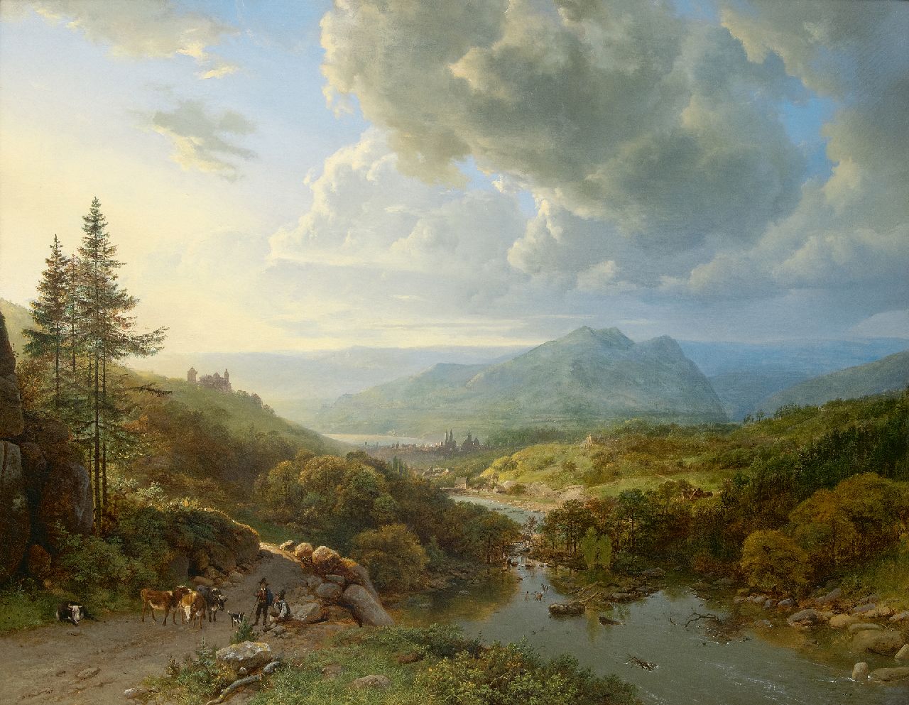 Koekkoek B.C.  | Barend Cornelis Koekkoek | Paintings offered for sale | Figures and cows in a mountainous landscape, oil on canvas 101.0 x 128.8 cm, signed l.l. 'B.C. Koekkoek' in full and 'PG v O' in mon. and painted ca. 1832