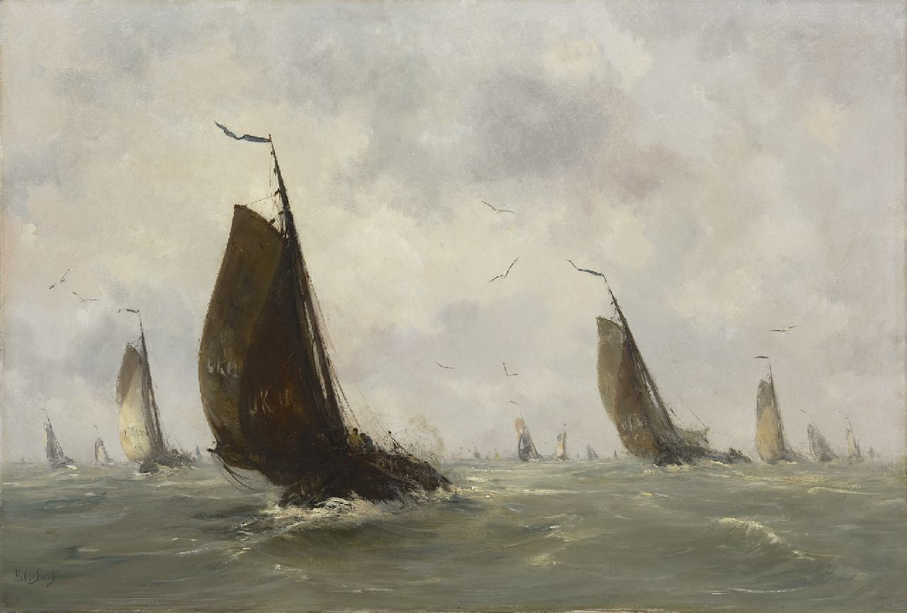 Smith H.  | Hobbe Smith, Sailing boats from Urk leaving harbour, oil on canvas 72.5 x 107.3 cm, signed l.l.
