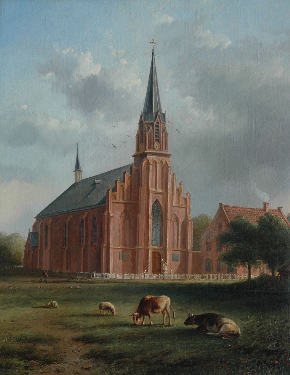 Berge B.G. ten | Bernardus Gerardus ten Berge, Grazing cattle near the former Catholic church of Egmond, oil on canvas 48.3 x 39.0 cm, signed c.r.