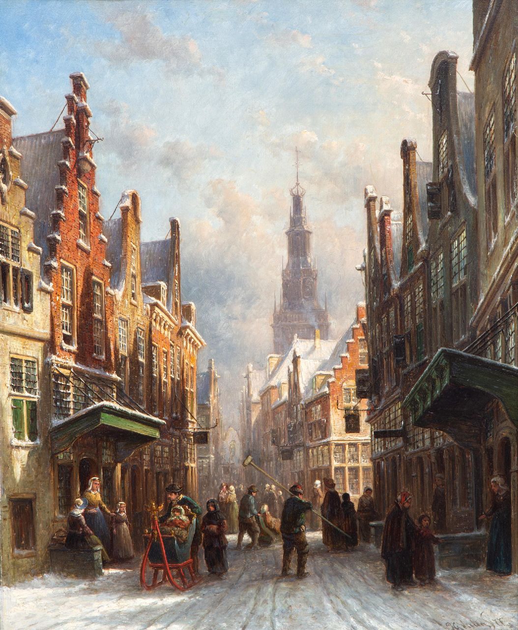 Vertin P.G.  | Petrus Gerardus Vertin, Hustle and bustle in a snow-covered Dutch town, oil on panel 61.2 x 50.2 cm, signed l.r. and dated '77