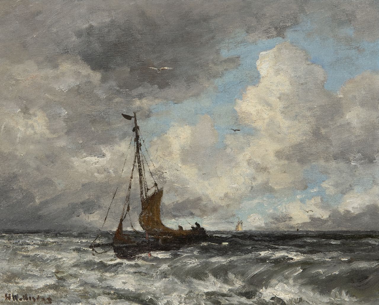 Mesdag H.W.  | Hendrik Willem Mesdag, Fishing smack on the North Sea, oil on canvas laid down on board 40.2 x 50.6 cm, signed l.l.