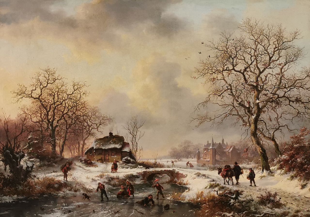Kruseman F.M.  | Frederik Marinus Kruseman, A winter scene with country folk and skaters, oil on canvas 52.4 x 72.5 cm, signed l.r. and dated 1861