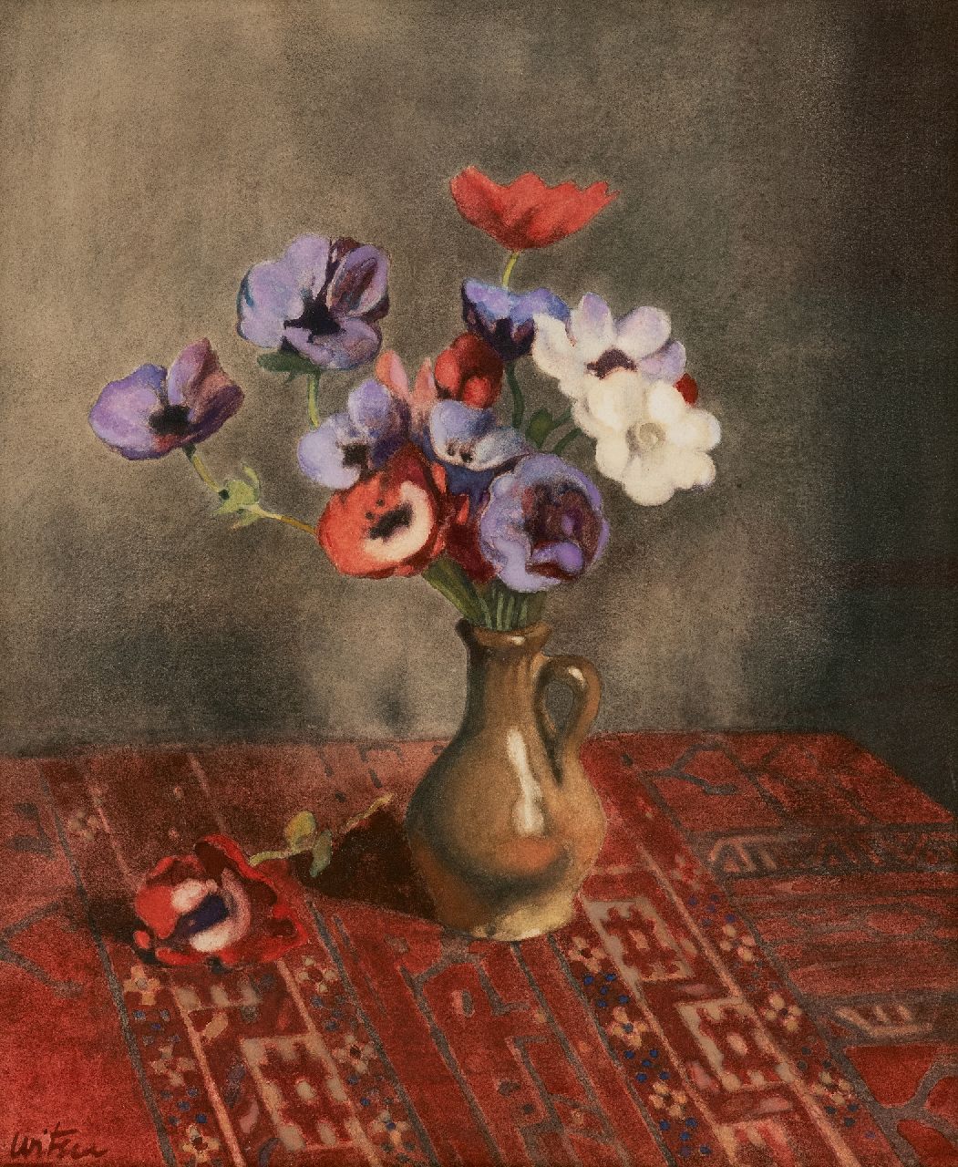 Witsen W.A.  | 'Willem' Arnold Witsen | Watercolours and drawings offered for sale | Anemones in earthenware vase, watercolour on paper 44.5 x 37.0 cm, signed l.l. and painted ca. 1920