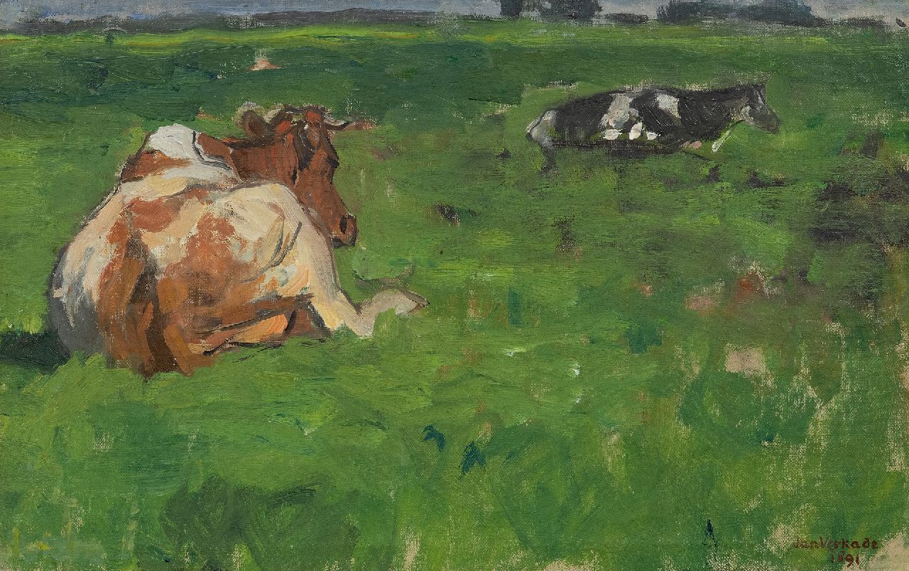 Verkade J.  | Jan Verkade | Paintings offered for sale | Cows resting in a meadow, oil on canvas 26.5 x 41.4 cm, signed l.r. and dated 1891