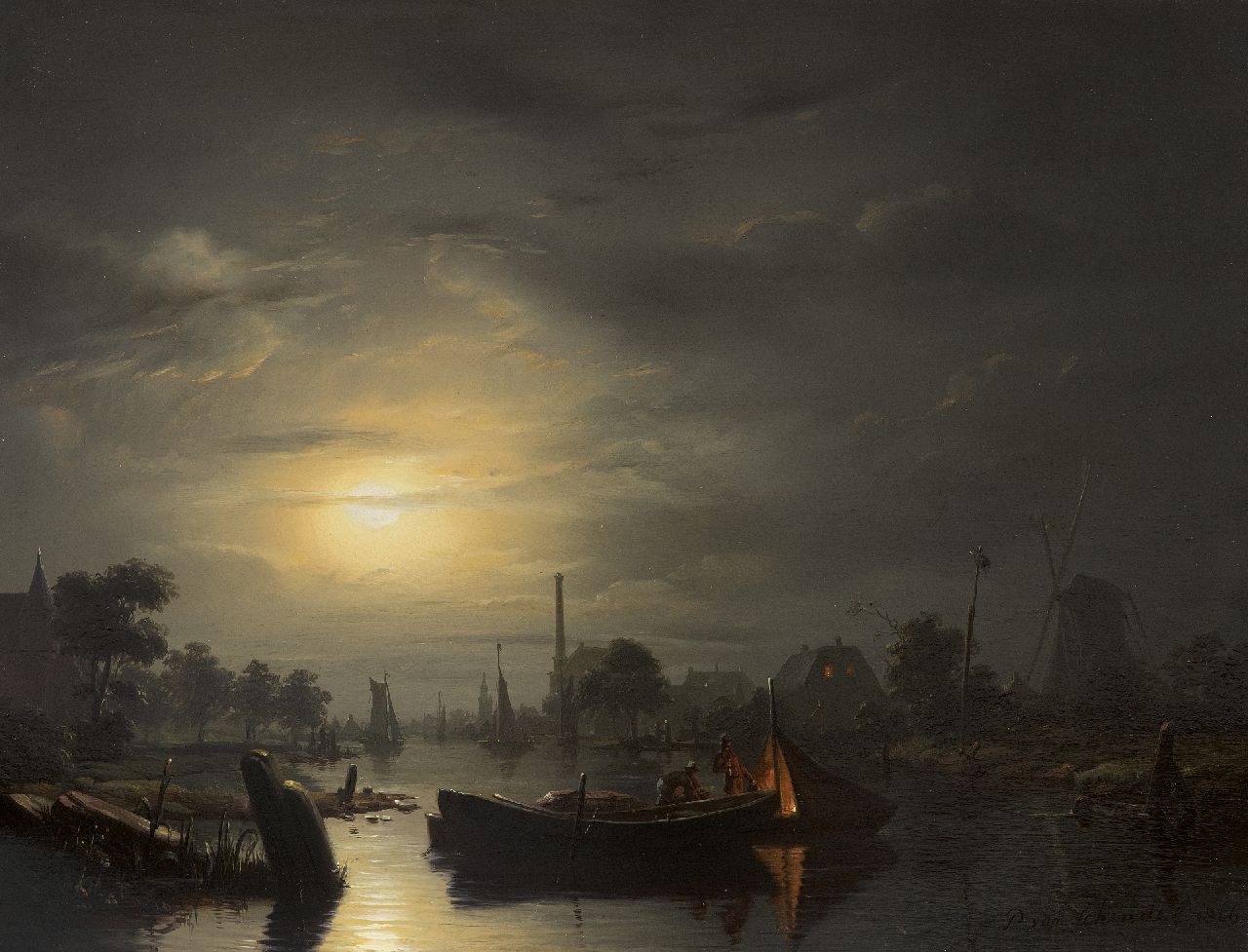 Schendel P. van | Petrus van Schendel, Moonlit riverlandscape near The Hague, oil on panel 33.3 x 43.4 cm, signed l.r. and dated 1846