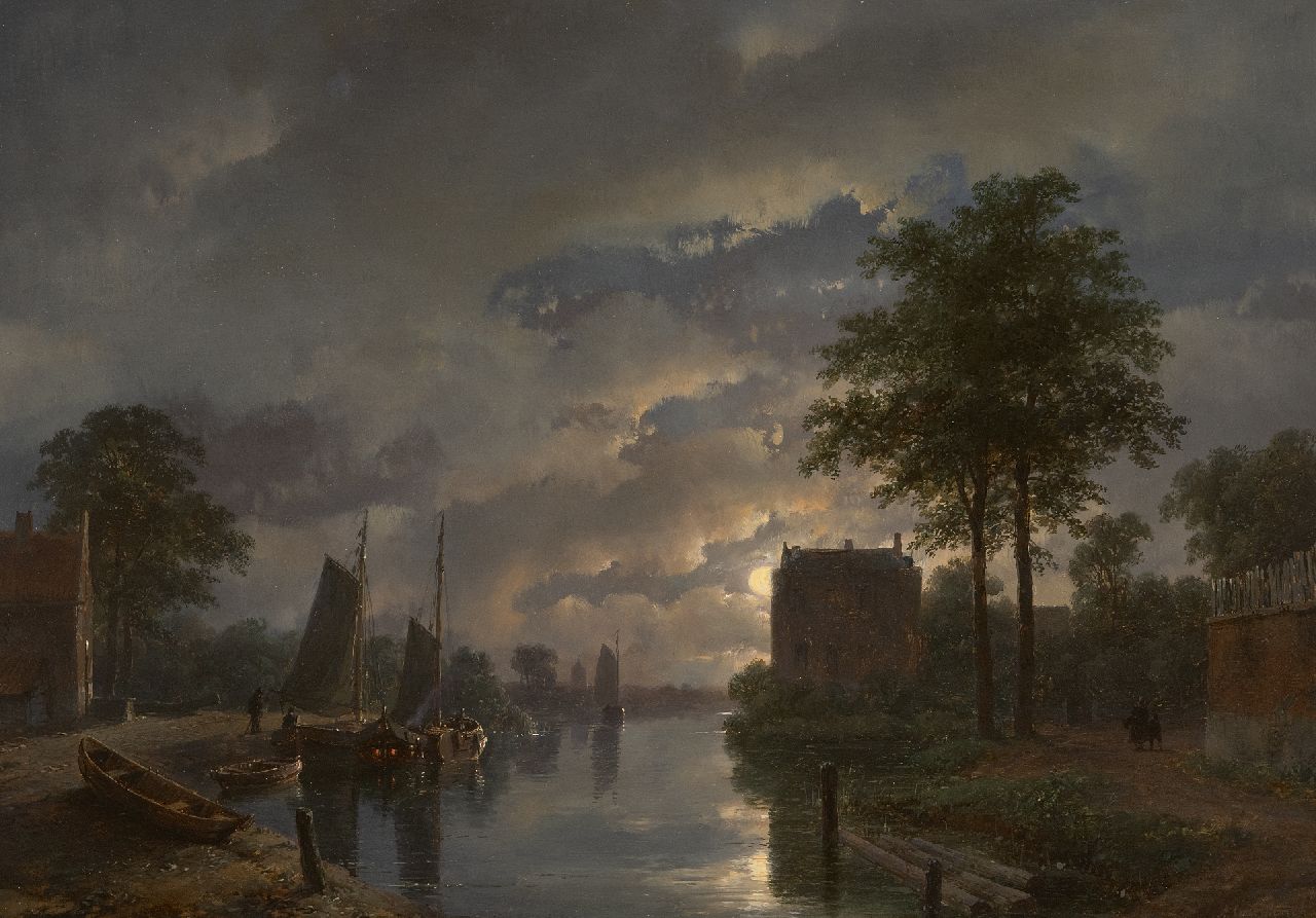 Schelfhout A.  | Andreas Schelfhout | Paintings offered for sale | River view by moonlight, oil on panel 32.5 x 45.9 cm, signed l.r. and dated '57