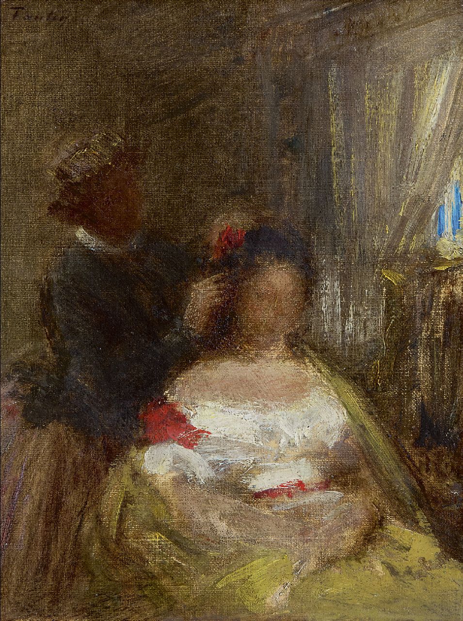 Fantin-Latour I.H.J.T.  | Ignace 'Henri' Jean Théodore Fantin-Latour | Paintings offered for sale | La coiffeuse, oil on canvas 27.0 x 21.2 cm, signed u.l.