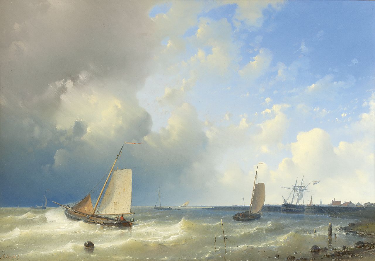 Hulk A.  | Abraham Hulk | Paintings offered for sale | Fishing boats in a strong breeze at the harbour entrance, oil on panel 36.5 x 53.5 cm, signed l.l.