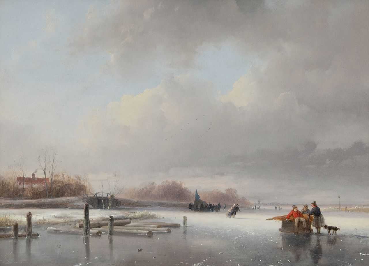 Schelfhout A.  | Andreas Schelfhout, Frozen river with skaters and a koek and zopie, oil on panel 29.5 x 39.7 cm, signed l.l. and painted ca. 1832-1834