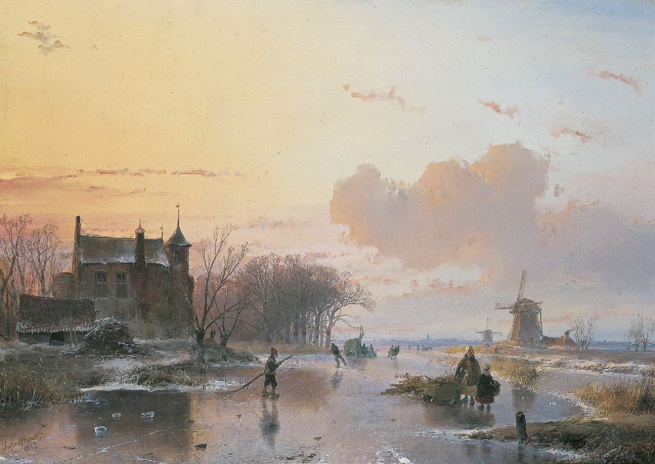 Schelfhout A.  | Andreas Schelfhout, A frozen river with wood-gatherers, oil on panel 38.5 x 49.8 cm, signed l.l. and dated 1845