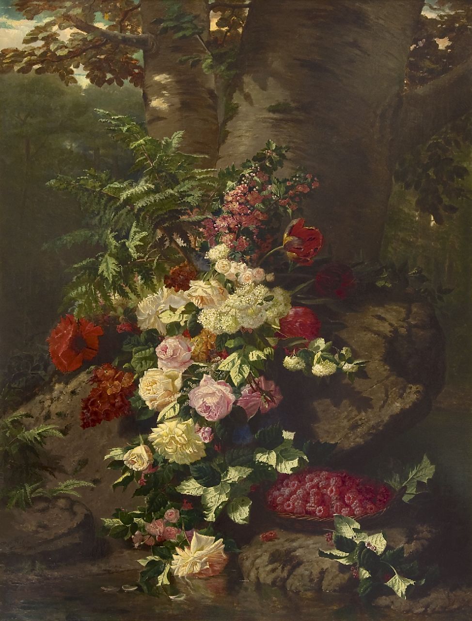 Robie J.B.  | Jean-Baptiste Robie | Paintings offered for sale | Flower still life with roses, flowering branches and raspberries, oil on canvas 137.7 x 106.0 cm, signed l.l. and dated 'Bruxelles' 1864