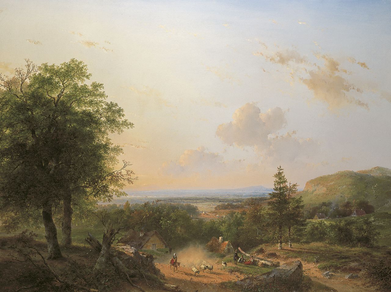 Schelfhout A.  | Andreas Schelfhout | Paintings offered for sale | A shepherdess and her flock in a hilly summer landscape, oil on canvas 110.4 x 146.0 cm, signed l.l. and painted 1849