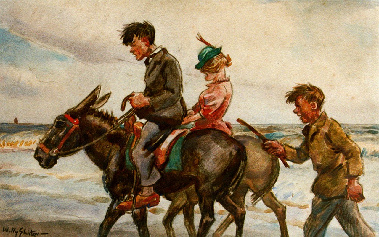 Sluiter J.W.  | Jan Willem 'Willy' Sluiter, Donkey ride, watercolour on paper 26.3 x 39.8 cm, signed l.l.