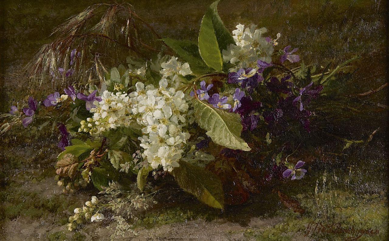 Sande Bakhuyzen G.J. van de | 'Gerardine' Jacoba van de Sande Bakhuyzen | Paintings offered for sale | A still life of flowering springs and violets on the forest soil, oil on panel 22.9 x 36.3 cm, signed l.r.