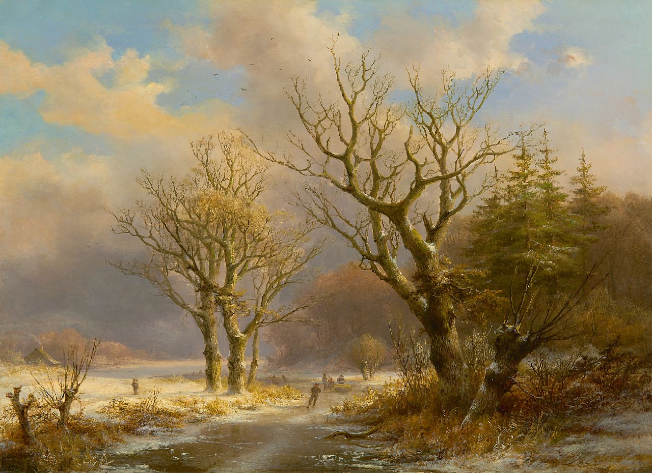 Klombeck J.B.  | Johann Bernard Klombeck | Paintings offered for sale | A wooded winter landscape with skaters, oil on panel 38.7 x 53.6 cm, signed l.r.