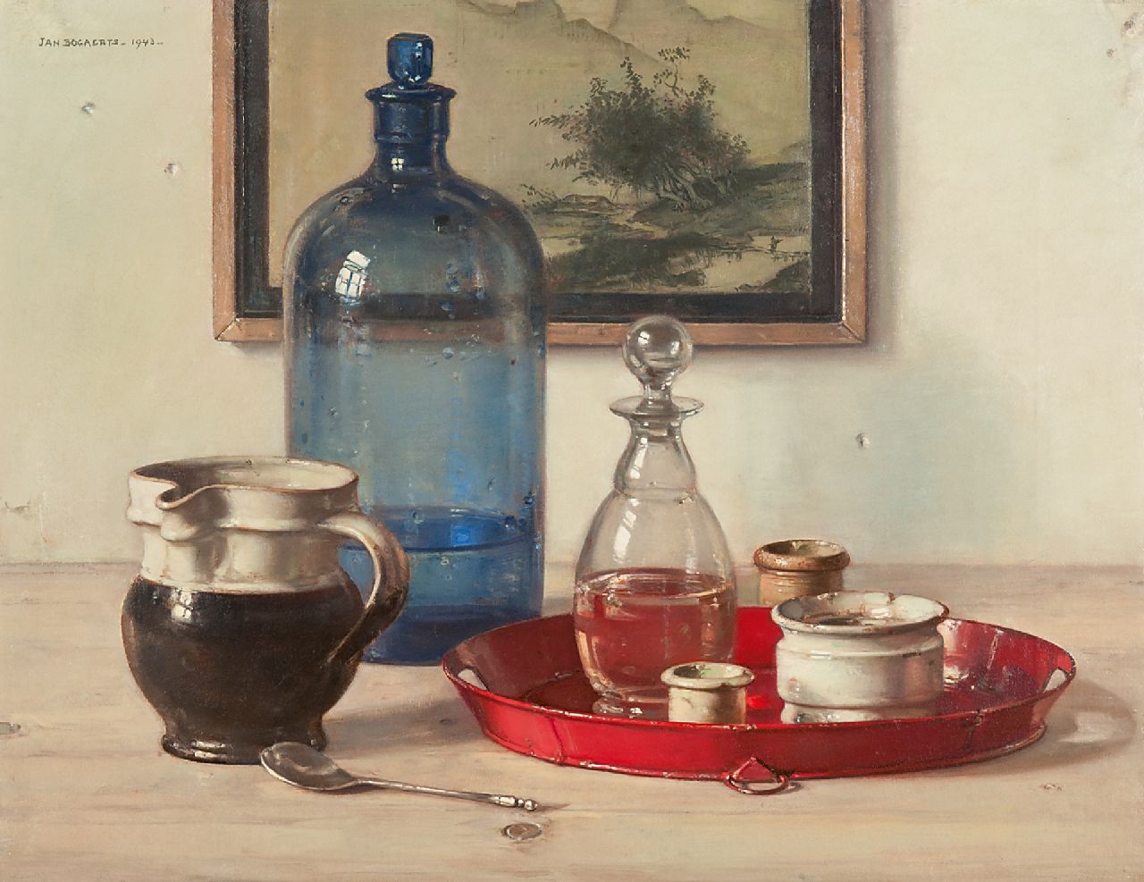 Bogaerts J.J.M.  | Johannes Jacobus Maria 'Jan' Bogaerts | Paintings offered for sale | Still life with blue bottle and jars, oil on canvas 34.7 x 45.4 cm, signed u.l. and dated 1943