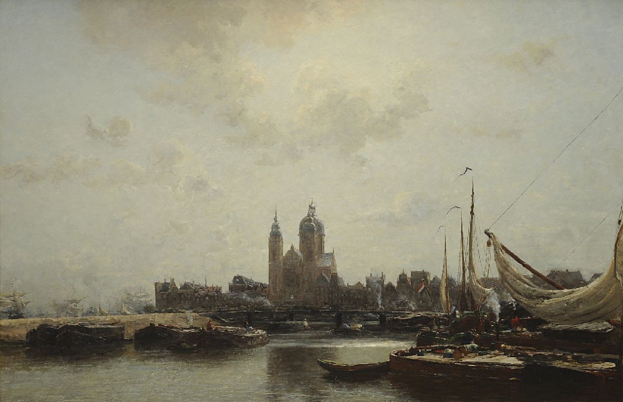 Wijsmuller J.H.  | Jan Hillebrand Wijsmuller | Paintings offered for sale | Harbouw view of Amsterdam with the St. Nicolaaskerk, oil on canvas 99.5 x 149.8 cm, signed l.r.