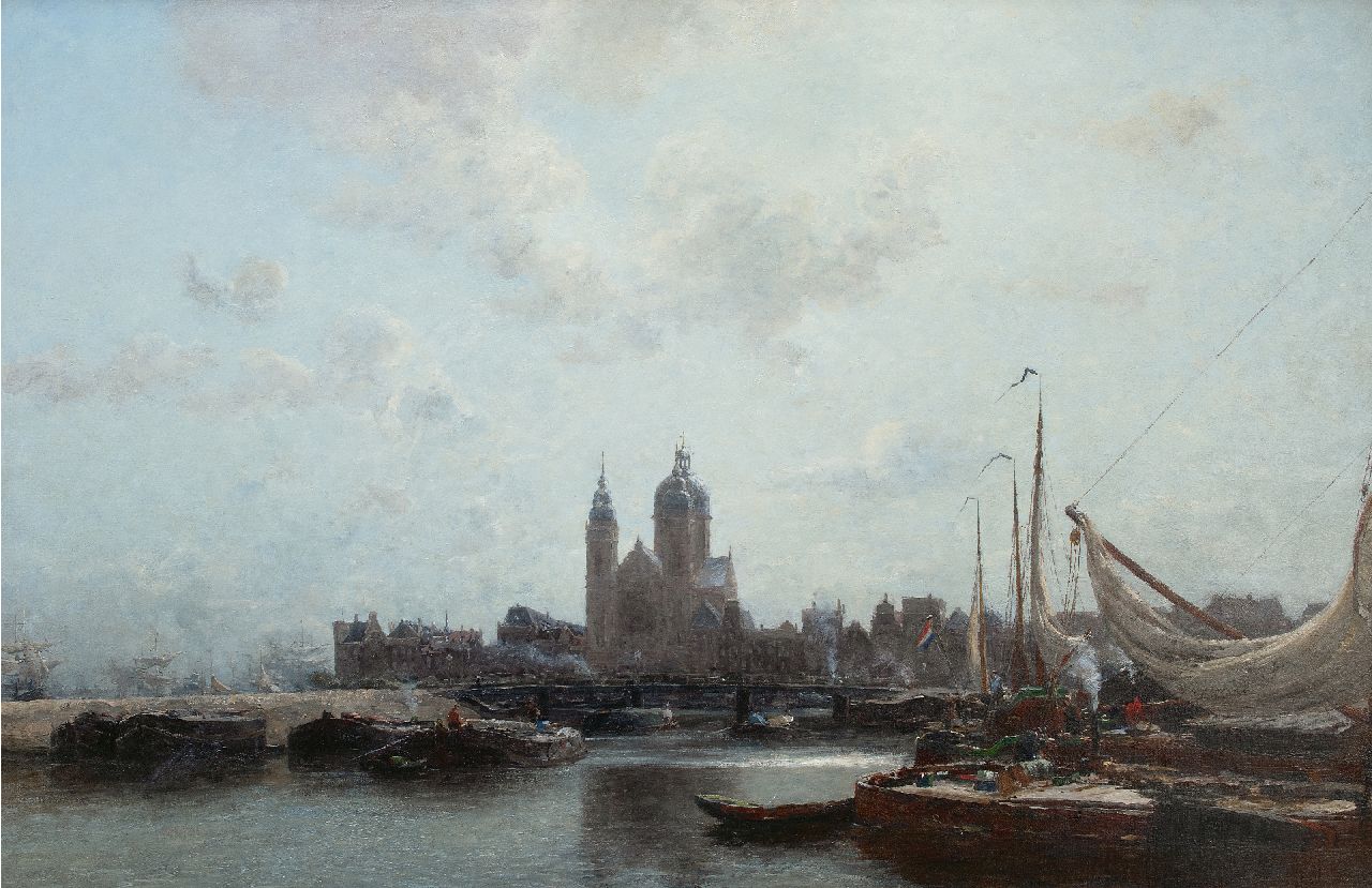 Wijsmuller J.H.  | Jan Hillebrand Wijsmuller | Paintings offered for sale | Harbouw view of Amsterdam with the St. Nicolaaskerk, oil on canvas 99.5 x 149.8 cm, signed l.r.