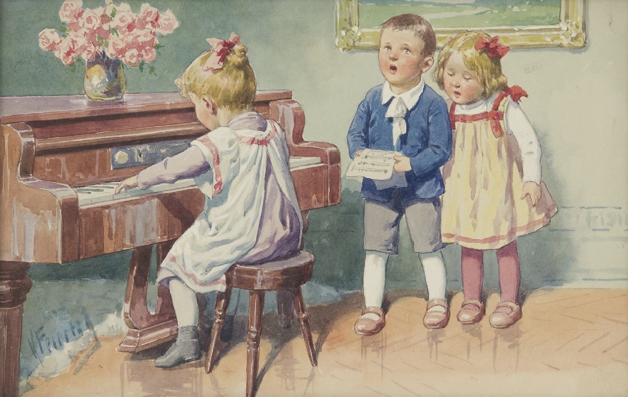 Feiertag K.  | Karl Feiertag | Watercolours and drawings offered for sale | The performance, watercolour on paper 17.9 x 27.9 cm, signed l.l.