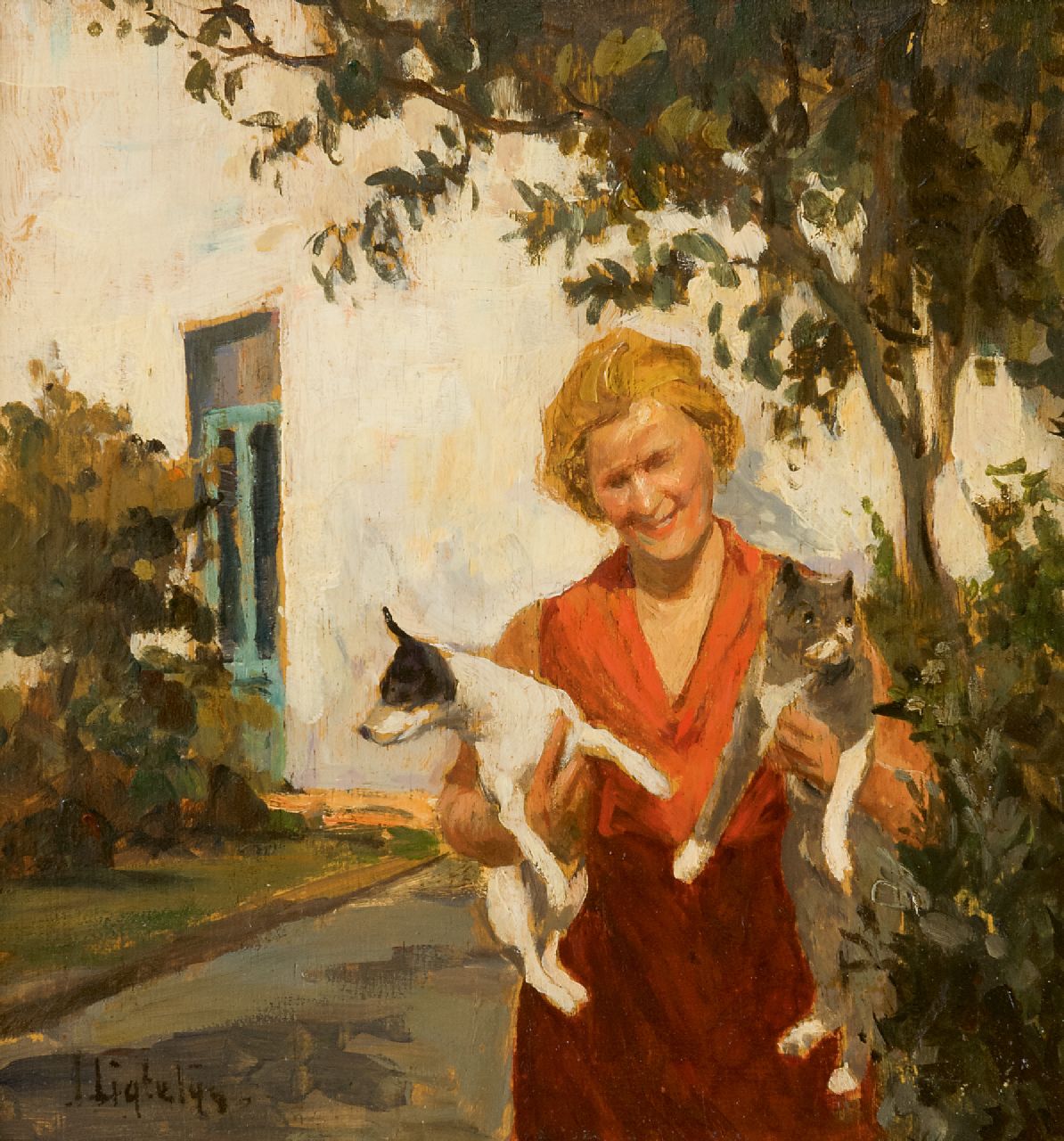 Ligtelijn E.J.  | Evert Jan Ligtelijn | Paintings offered for sale | A lady with her dog and cat in the garden, oil on panel 24.0 x 22.7 cm, signed l.l.