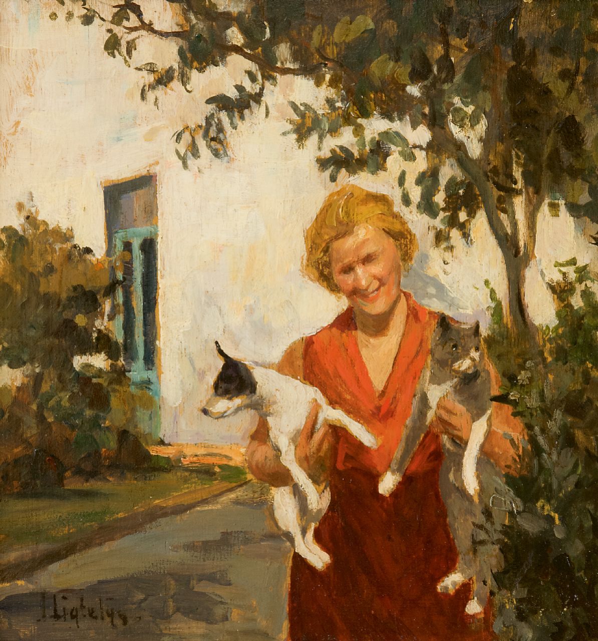 Ligtelijn E.J.  | Evert Jan Ligtelijn, A lady with her dog and cat in the garden, oil on panel 24.0 x 22.7 cm, signed l.l.