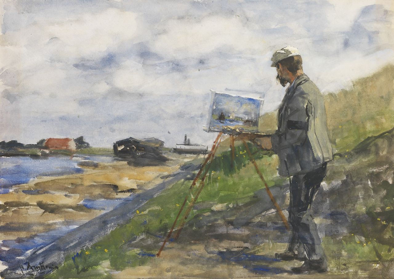 Arntzenius P.F.N.J.  | Pieter Florentius Nicolaas Jacobus 'Floris' Arntzenius | Watercolours and drawings offered for sale | The painter Carl August Breitenstein at work, watercolour and gouache on paper 35.7 x 49.8 cm, signed l.l.
