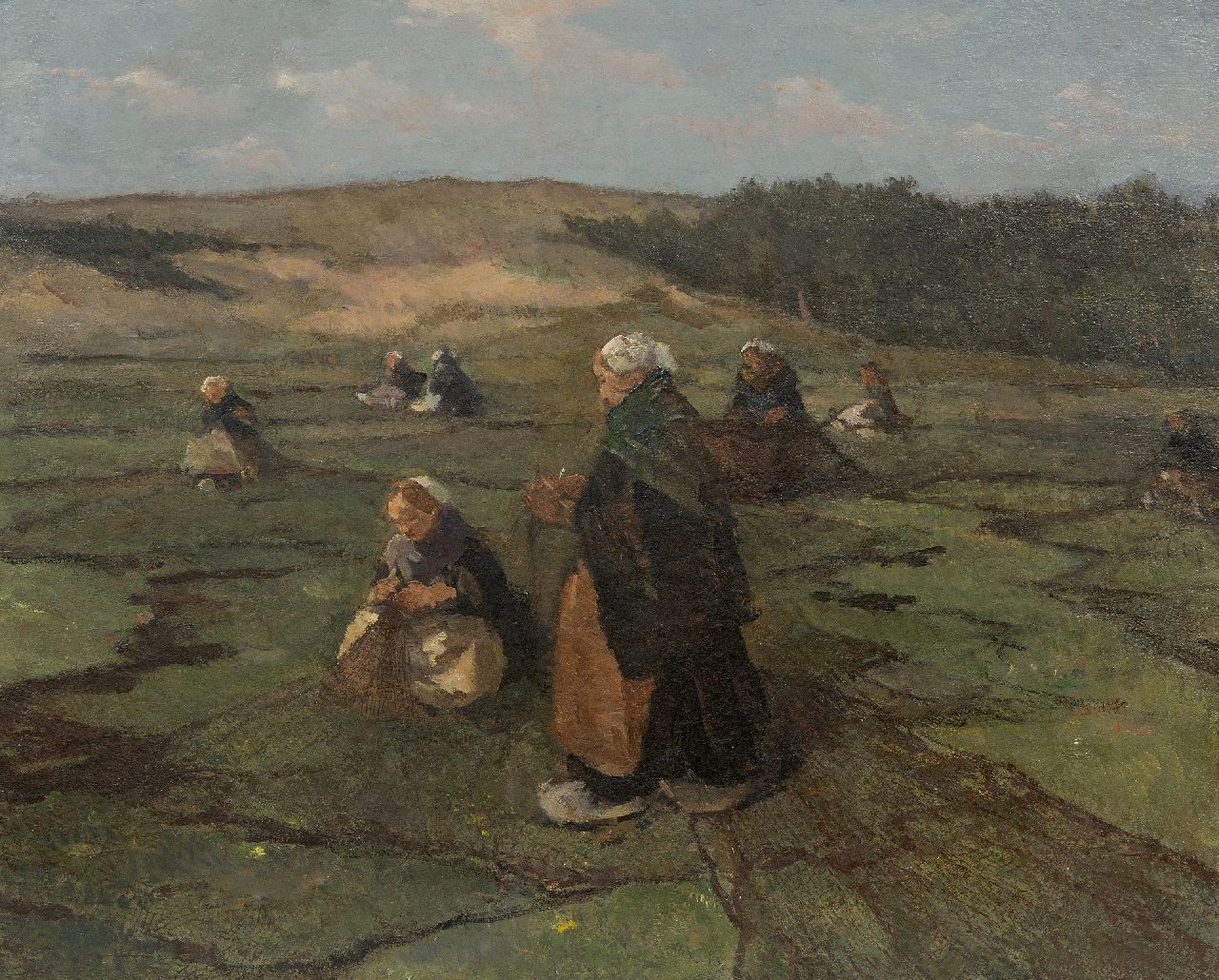 Akkeringa J.E.H.  | 'Johannes Evert' Hendrik Akkeringa | Paintings offered for sale | Mending fishing nets in the dunes, oil on canvas laid down on panel 47.1 x 58.4 cm