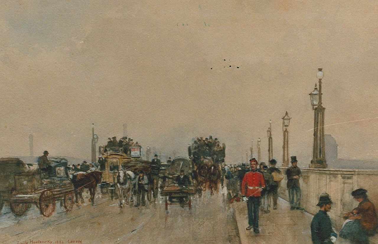 Hoeterickx E.  | Emile Hoeterickx, Horsetrams, Waterloo Bridge, watercolour on paper 36.0 x 55.0 cm, signed l.l. and dated 1882