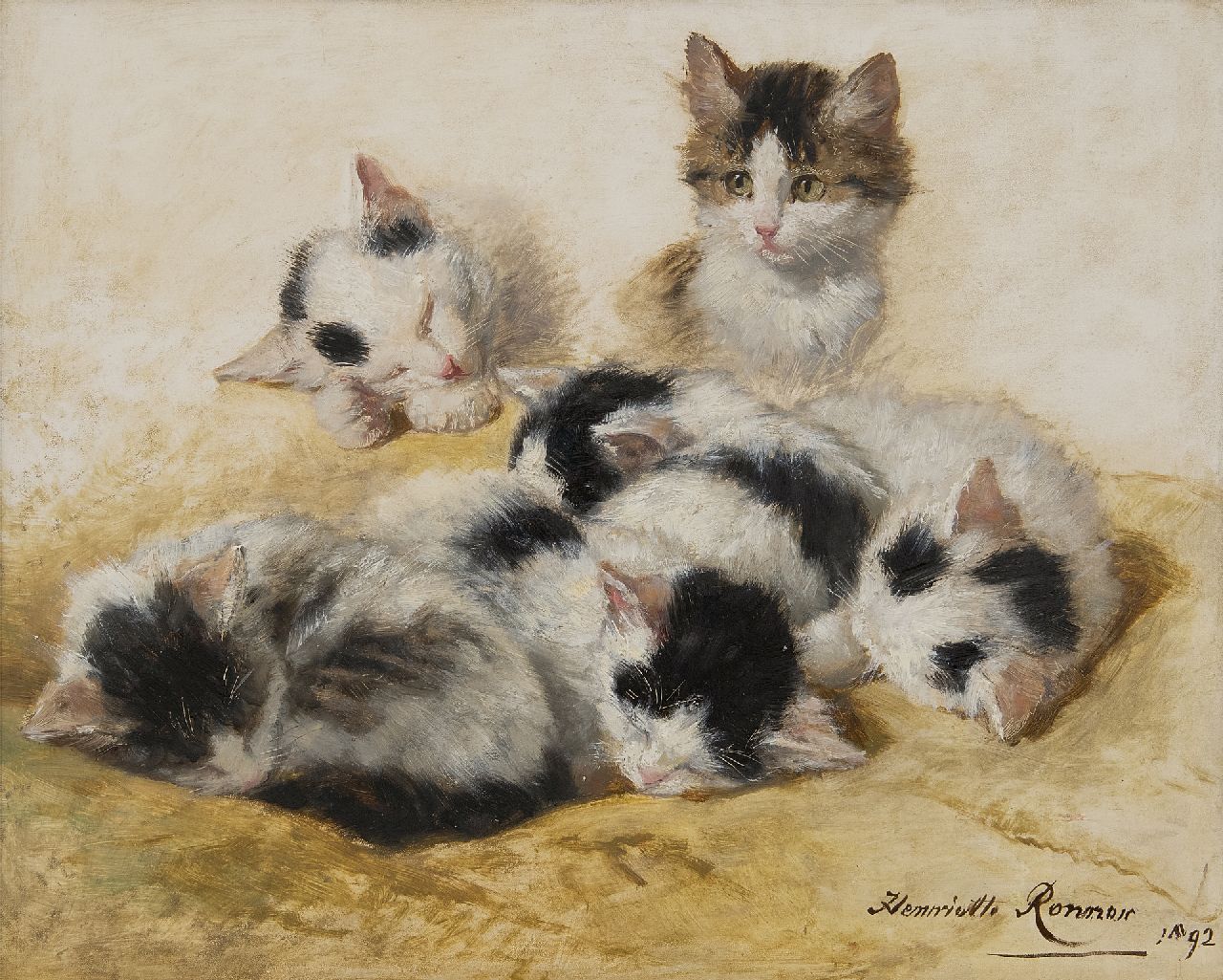 Ronner-Knip H.  | Henriette Ronner-Knip, Young kittens, oil on panel 32.2 x 40.3 cm, signed l.r. and dated 1892