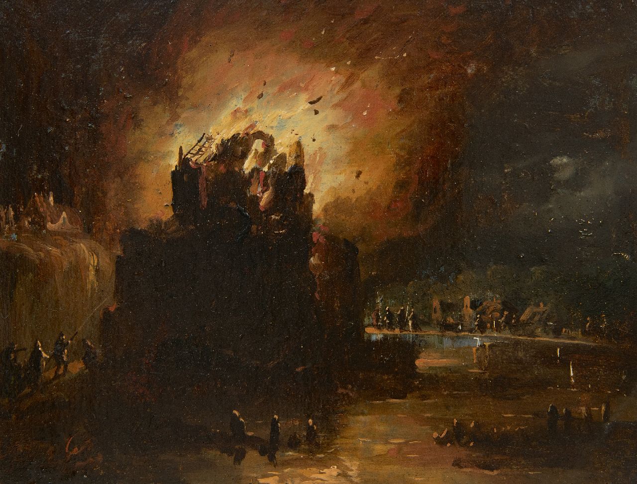 Cate H.G. ten | Hendrik Gerrit ten Cate | Paintings offered for sale | The fire, oil on panel 18.6 x 24.2 cm, signed l.r.