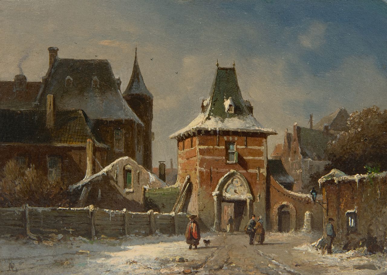 Eversen A.  | Adrianus Eversen, A town in winter with a gate, oil on panel 14.8 x 20.5 cm, signed l.l. with monogram
