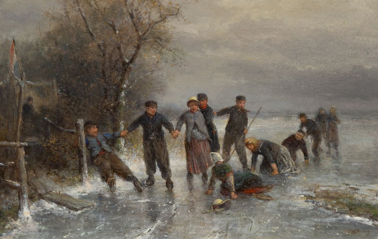 Kate J.M.H. ten | Johan 'Mari' Henri ten Kate | Paintings offered for sale | A fall on the ice, oil on canvas 41.0 x 63.9 cm, signed l.r.