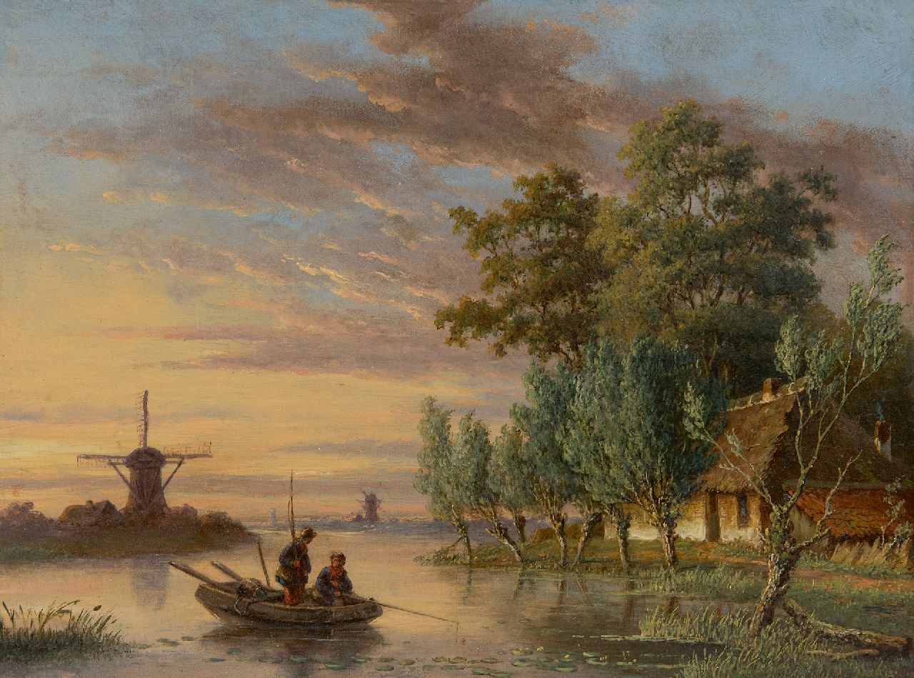 Meijier A.A. de | Anthony Andreas de Meijier | Paintings offered for sale | A river landscape with anglers, at sunset, oil on panel 22.6 x 30.0 cm, signed l.r.