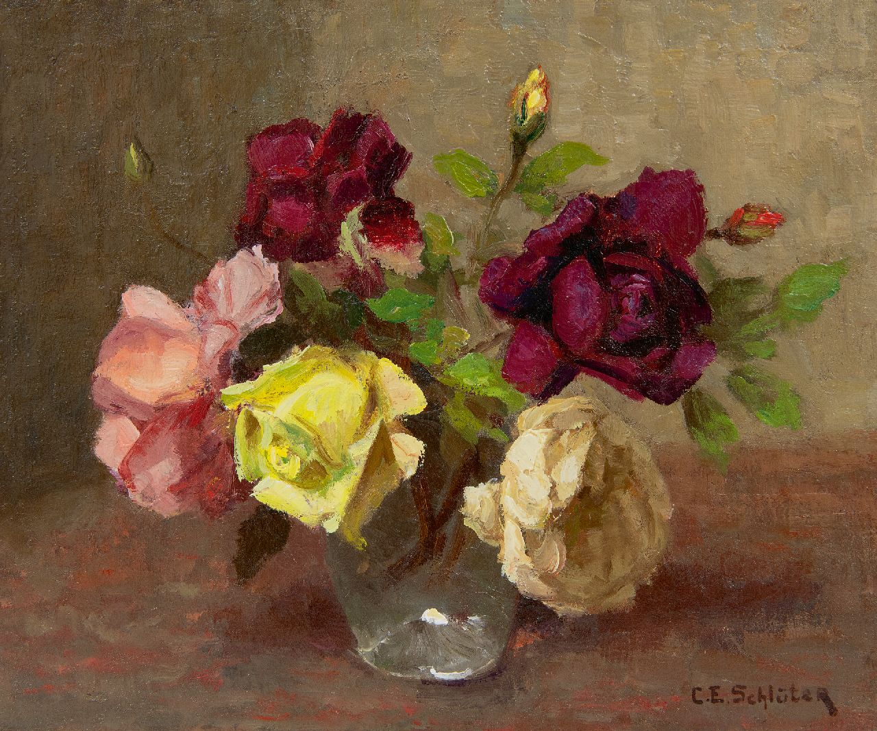 Schlüter C.A.  | 'Carl' Eberhard Schlüter | Paintings offered for sale | Roses in a glass vase, oil on canvas 25.6 x 30.5 cm, signed l.r.