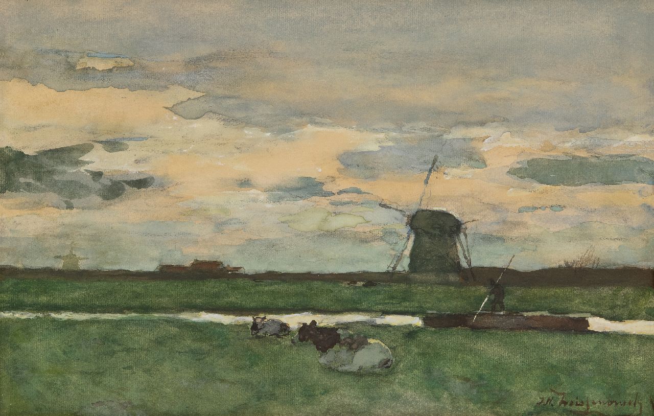 Weissenbruch H.J.  | Hendrik Johannes 'J.H.' Weissenbruch | Watercolours and drawings offered for sale | Polder landscape with windmill, watercolour on paper 29.7 x 46.0 cm, signed l.r.